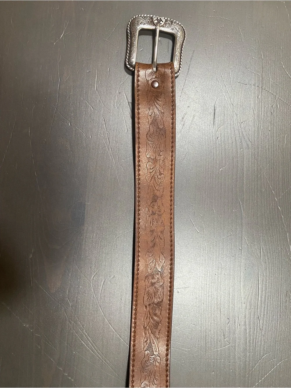 Ariat Western Tooled Leather Belt Brown Silver Filigree Buckle Size Medium 34 36